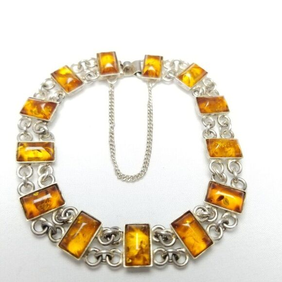 Vintage Sterling Silver and Faux Amber Cabochon Panel Bracelet, Estate - Picture 1 of 9